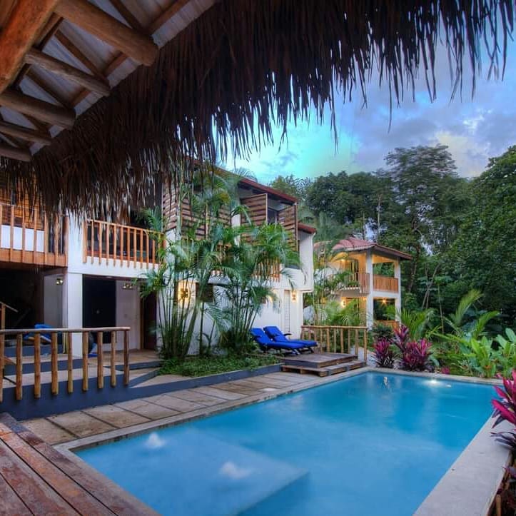Casa Brisa after renovation — pool at twilight framed by palms, thatched rancho roof overhead, warm balcony lights from the studios beyond.