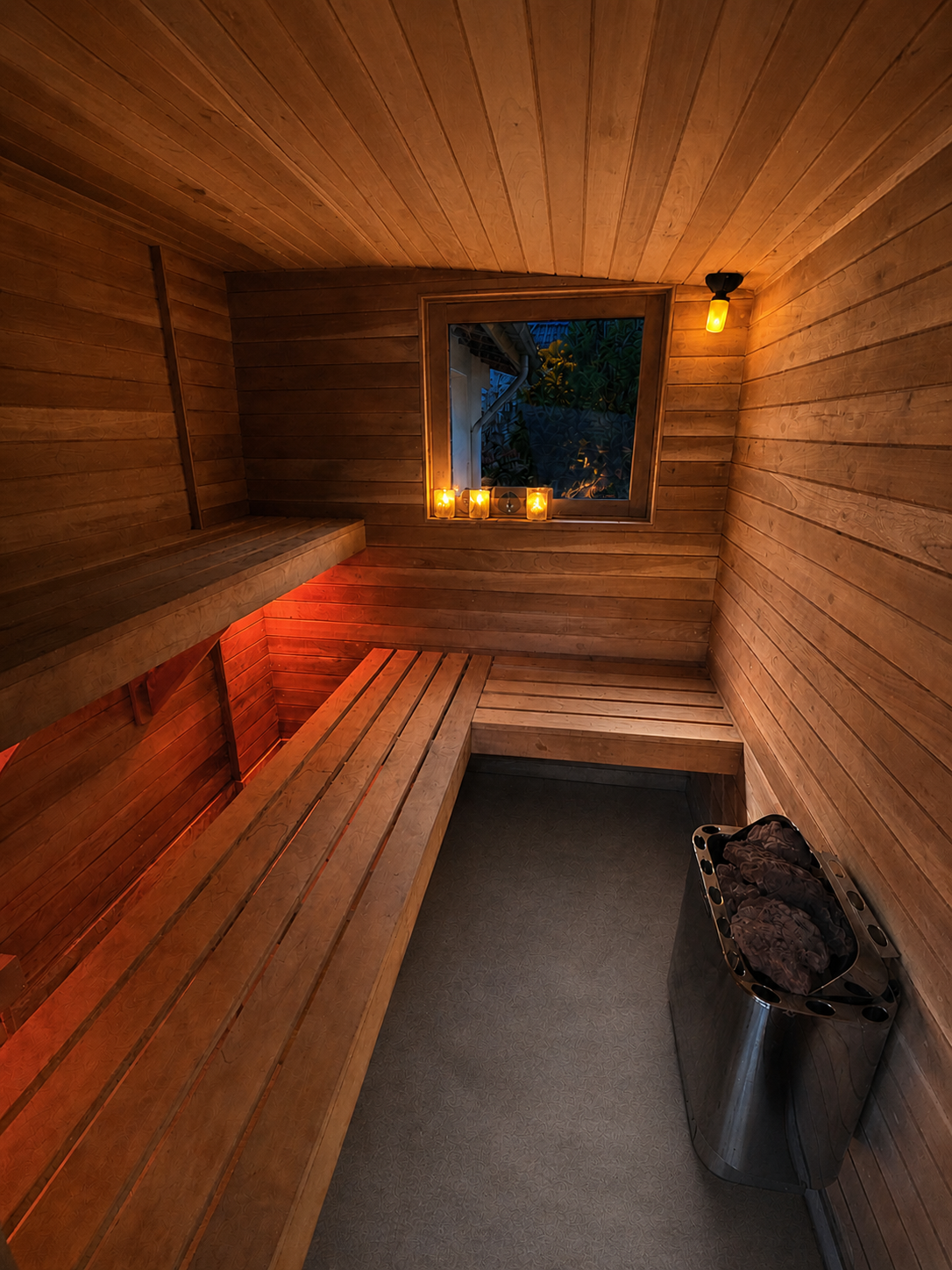 Cedar-lined sauna interior lit by candles at dusk