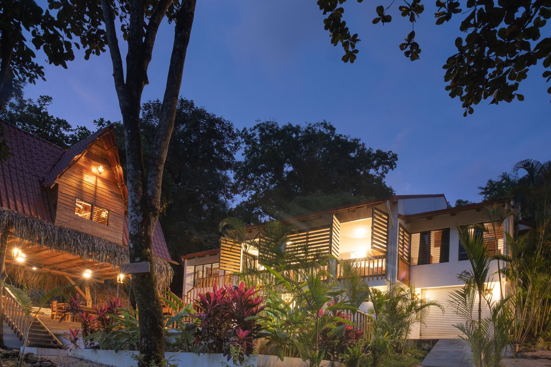 Casa Brisa main house and Almendras treehouse illuminated at twilight