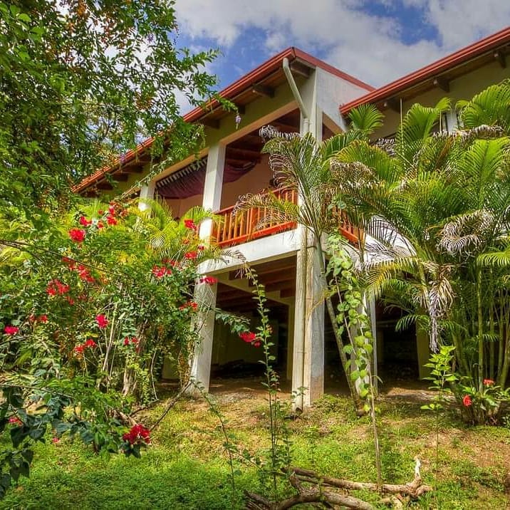 Casa Brisa side elevation before — plain white and green concrete facade, plain wood balcony, no rancho, dense unshaped garden.